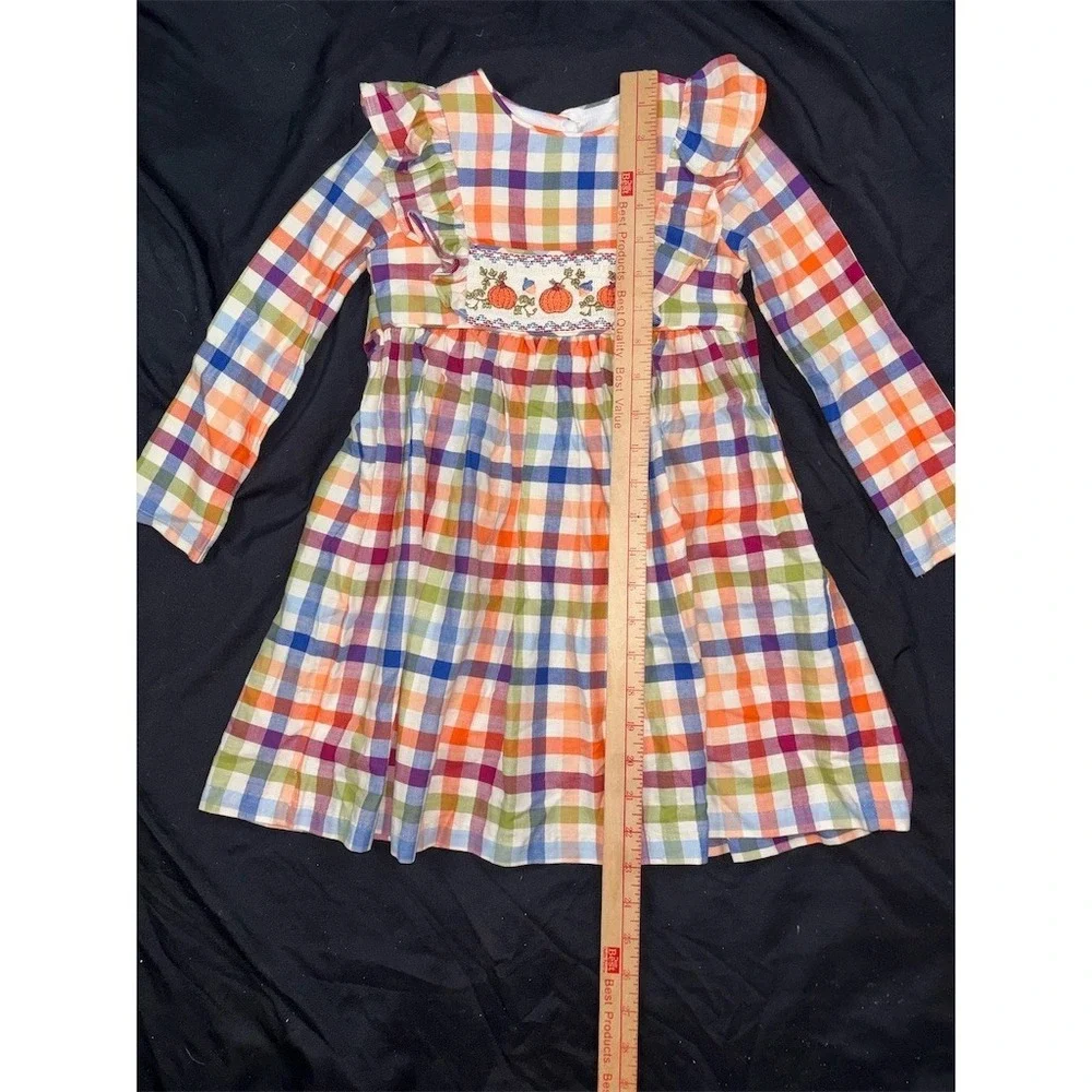 Bonnie Jean Girl Dress Size 4 Plaid autumn Smocked Pumpkin L/S fall thanksgiving